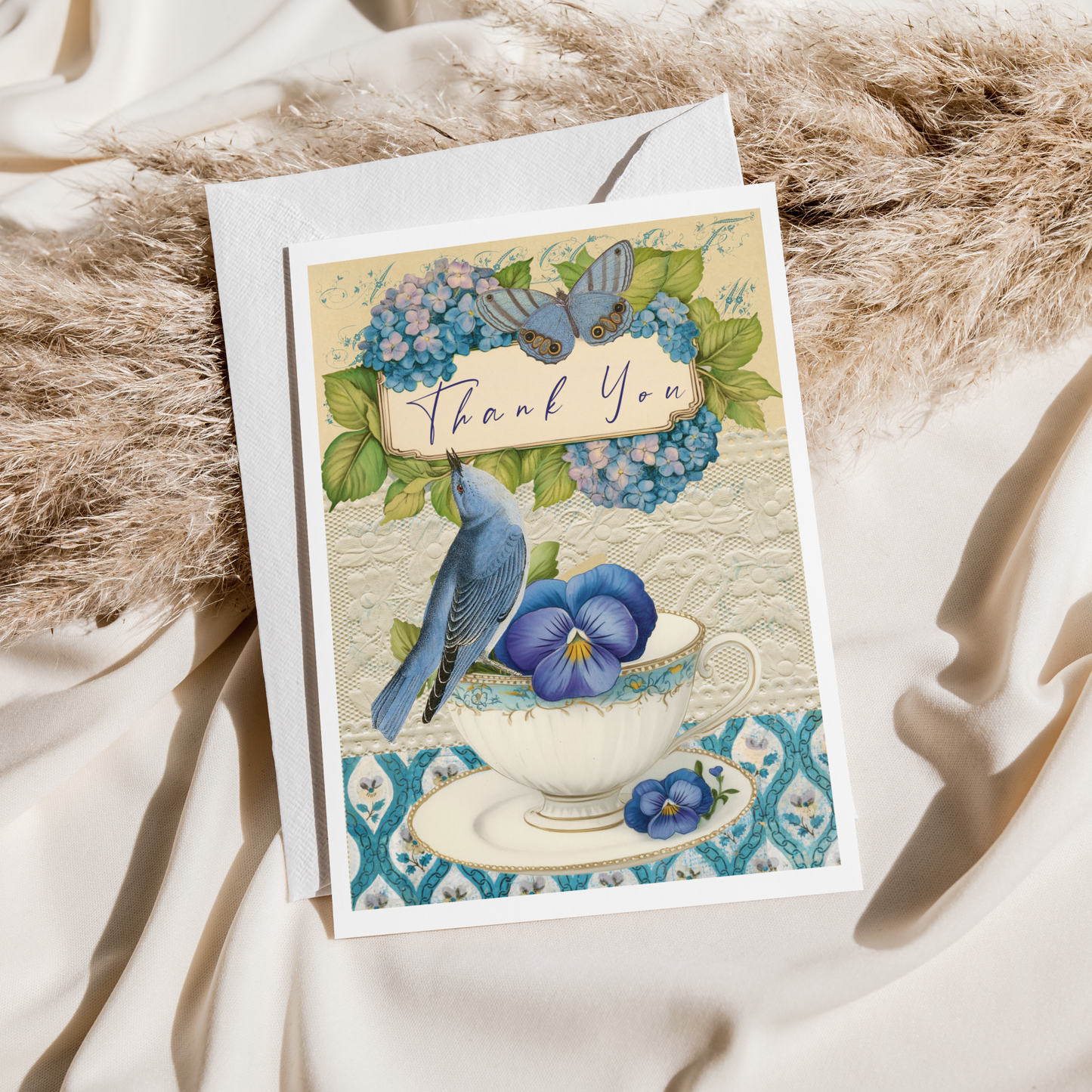 Thank You Card. Vintage Teacup, Pansy, Bird. Flowers.
