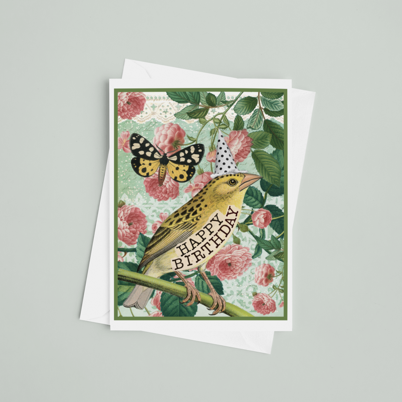 Birthday Card. Yellow Bird With Butterfly