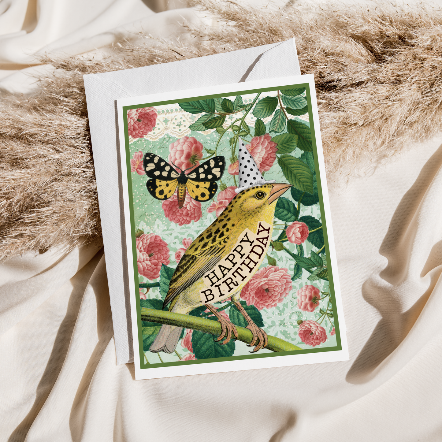 Birthday Card. Yellow Bird With Butterfly