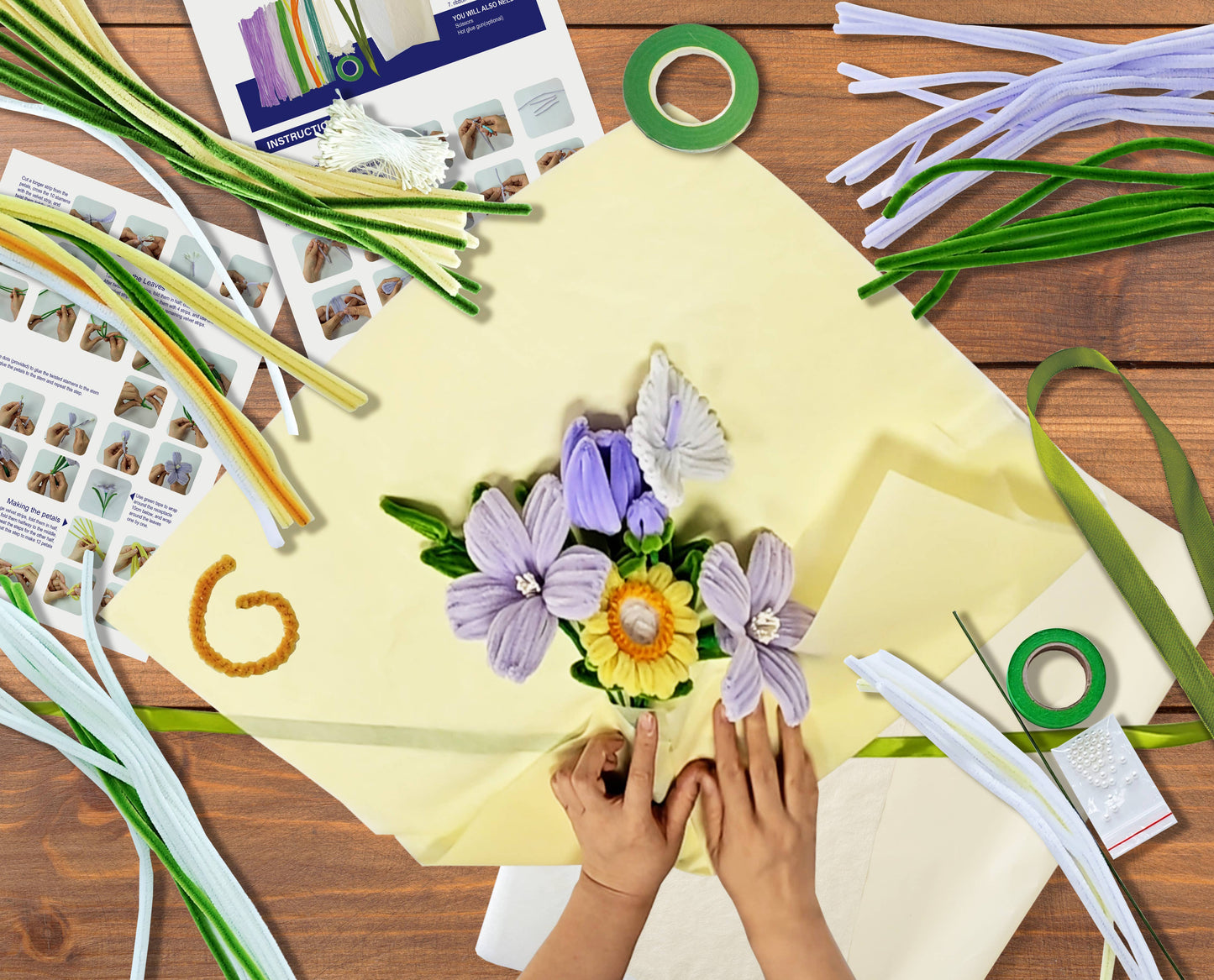 DIY Chenille Flower Bouquet Kit – Yellow & Purple Mix