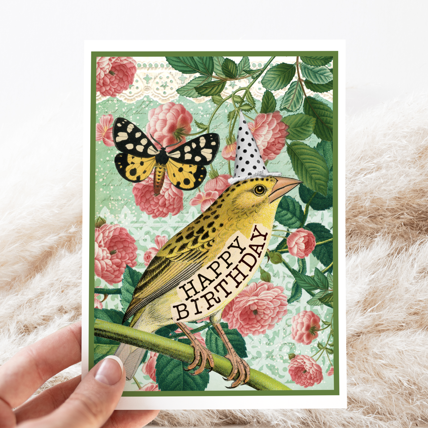 Birthday Card. Yellow Bird With Butterfly