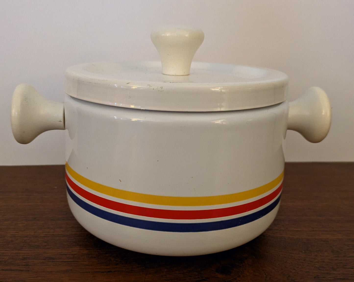 Vintage White with Stripes Enamel Pot - 1