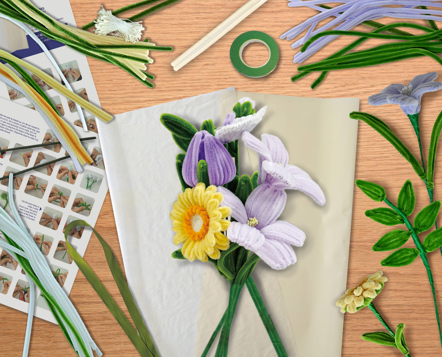DIY Chenille Flower Bouquet Kit – Yellow & Purple Mix