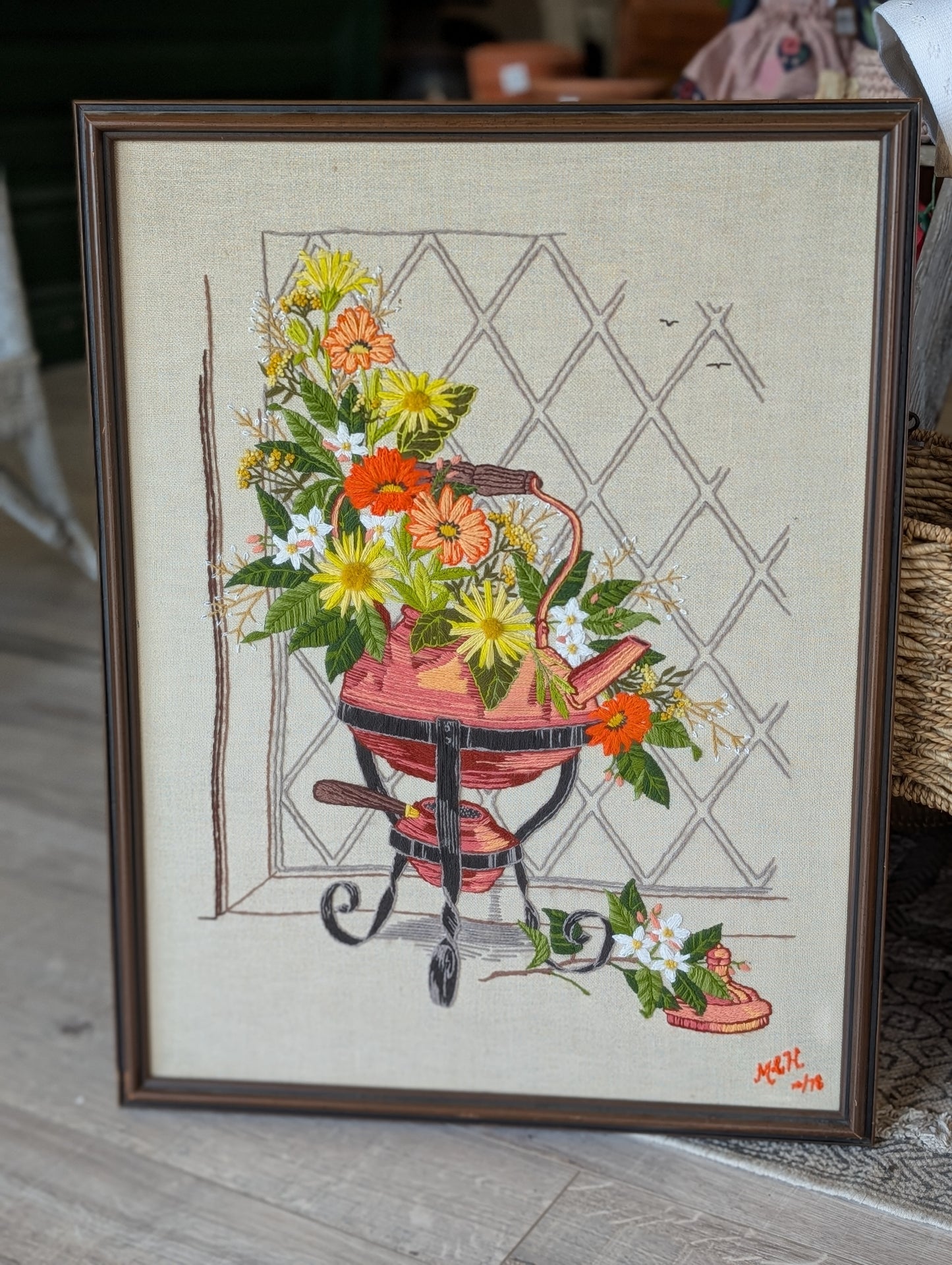 Copper Kettle Floral Completed Needlepoint