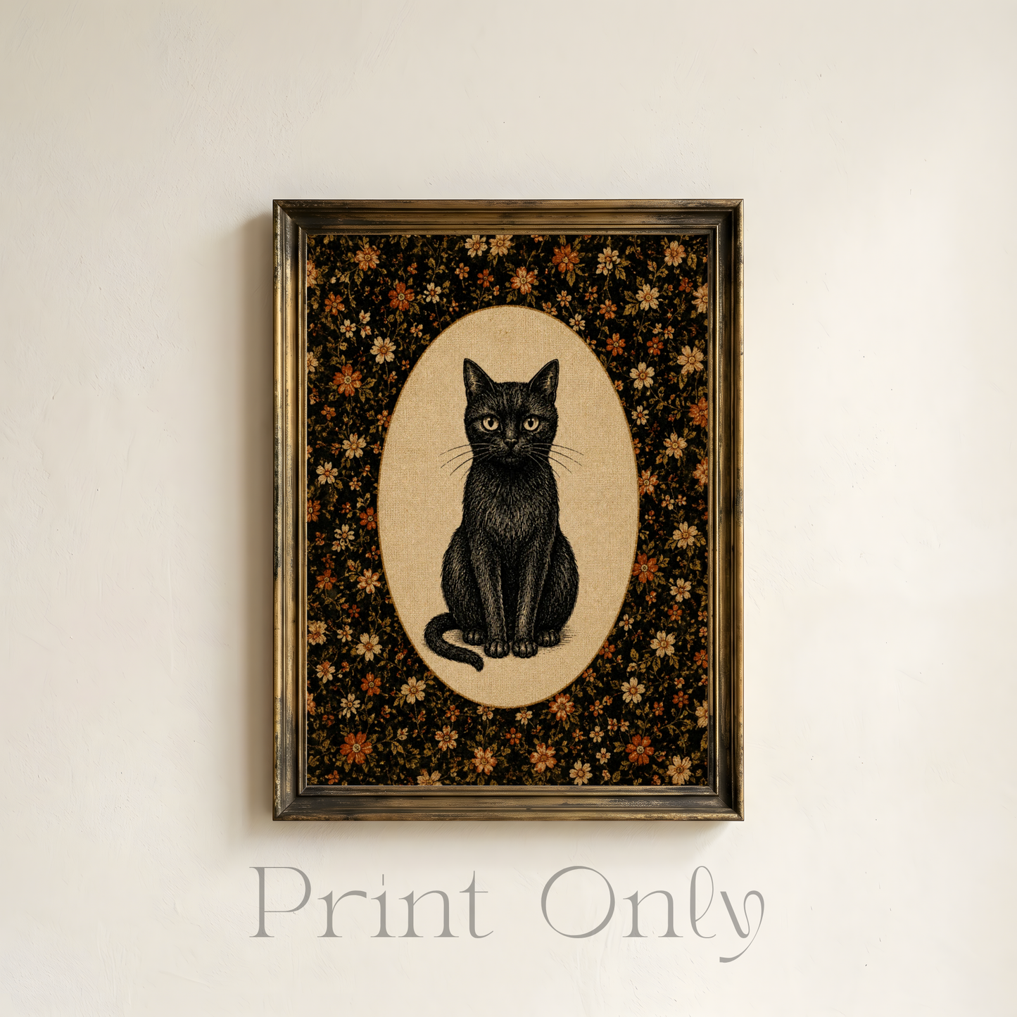 Black Cat in Fabric Oval Print