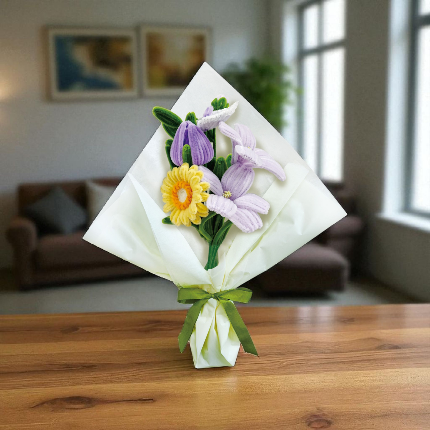 DIY Chenille Flower Bouquet Kit – Yellow & Purple Mix