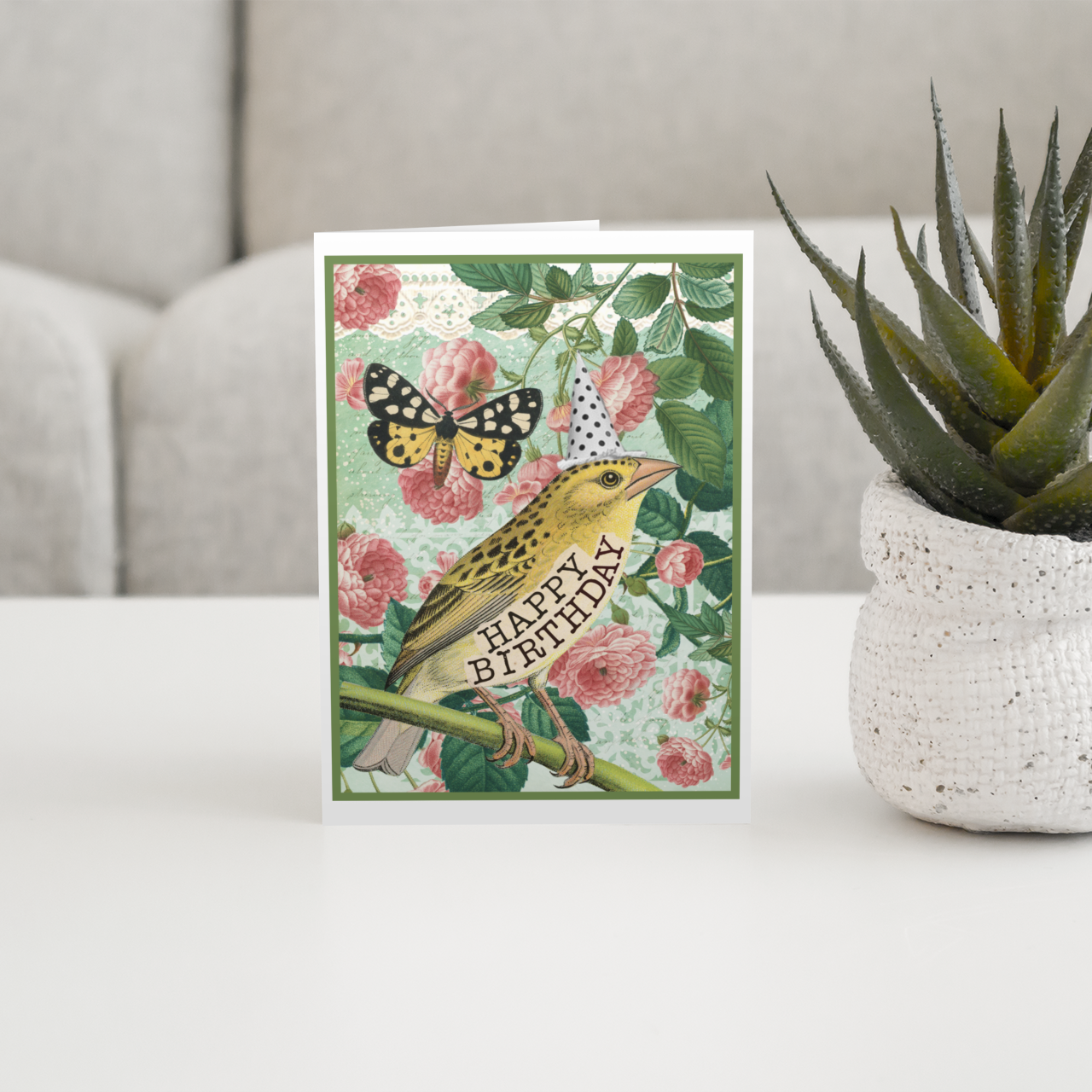 Birthday Card. Yellow Bird With Butterfly