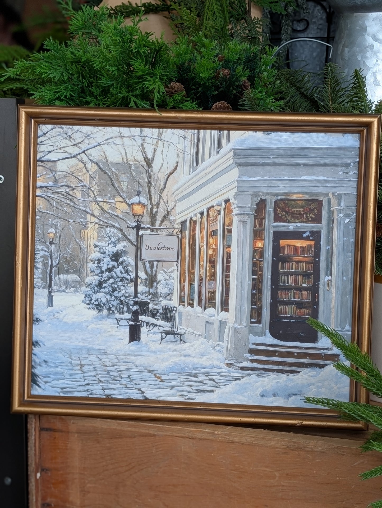 Winter bookstore framed print