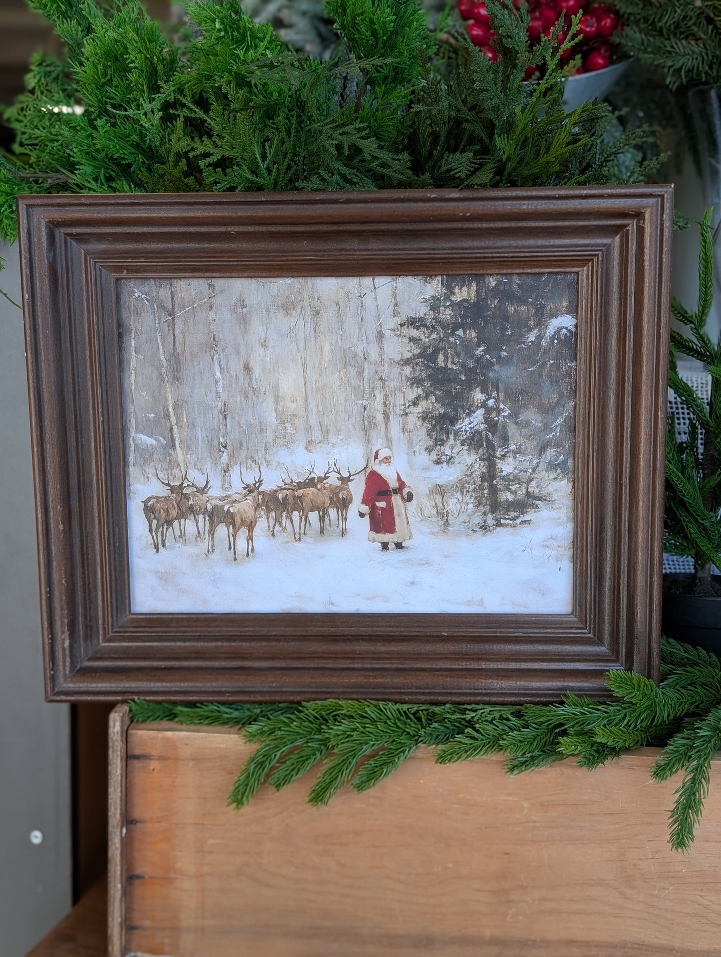 Santa in forest walking framed print