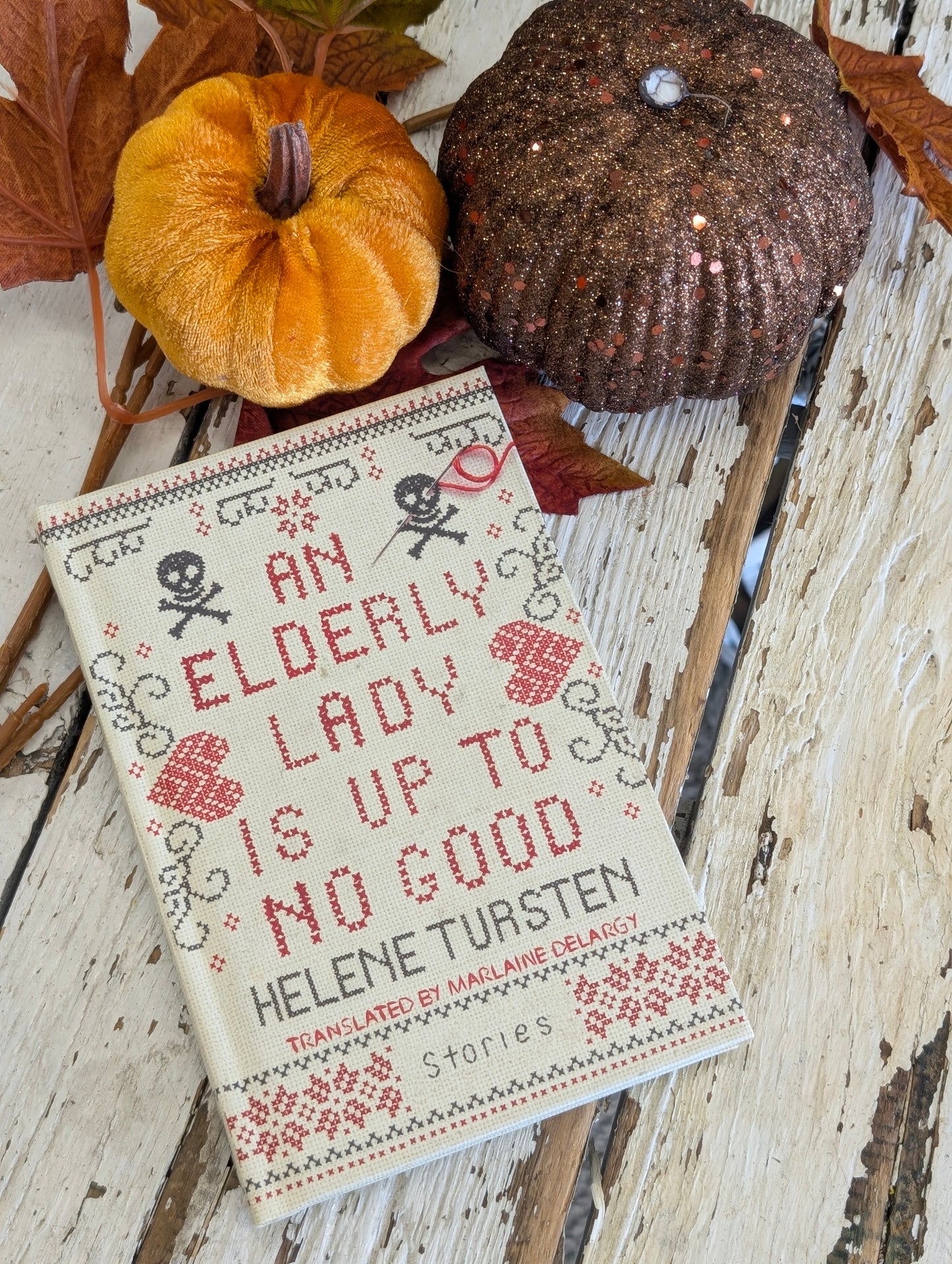 An elderly lady is up to no good