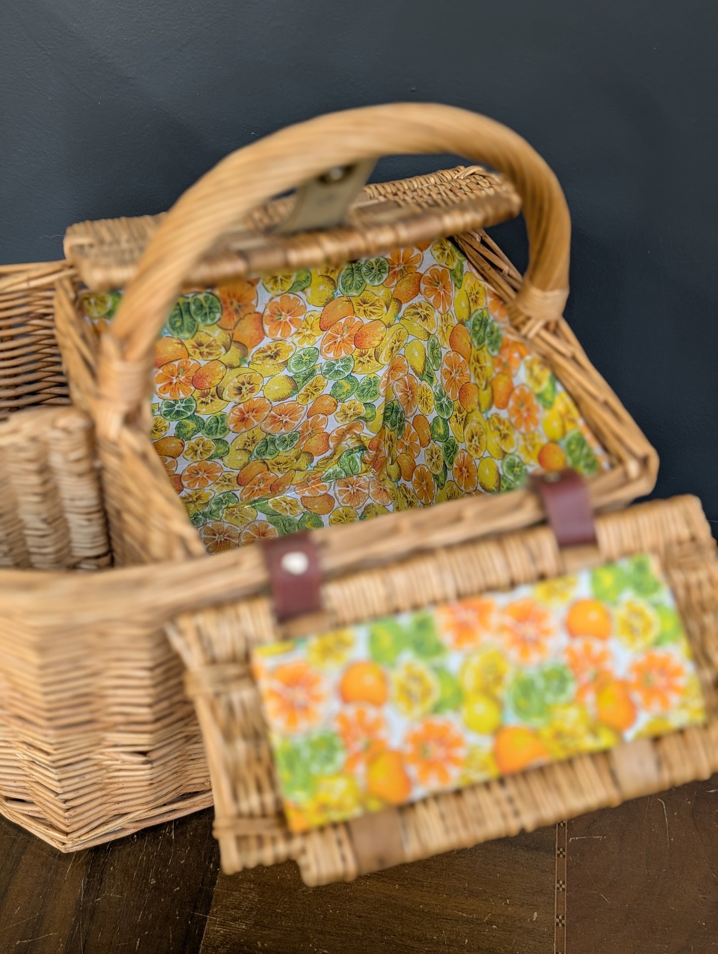 Vintage whicker wine and cheese basket