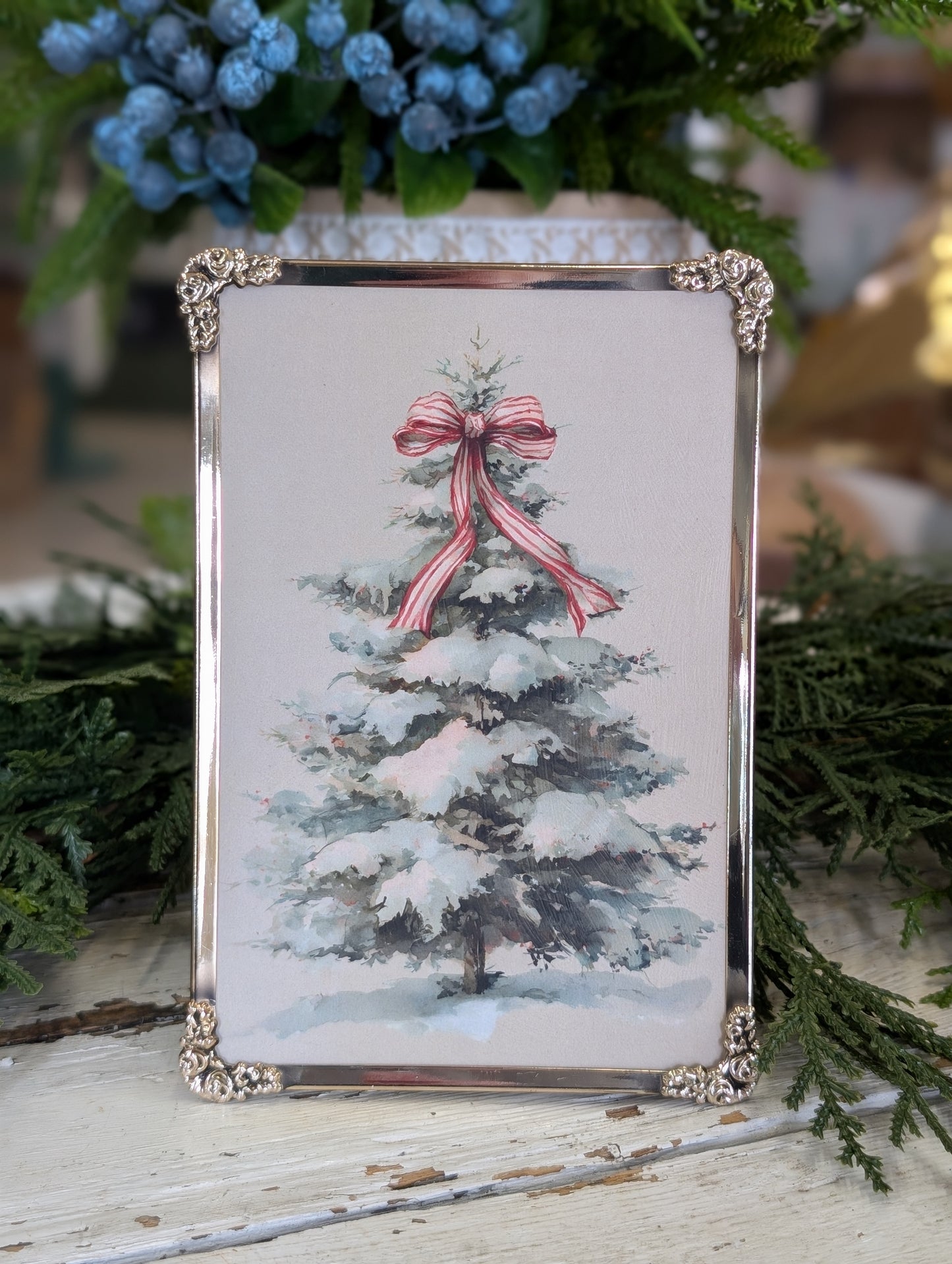 Winter tree with bow in silver frame