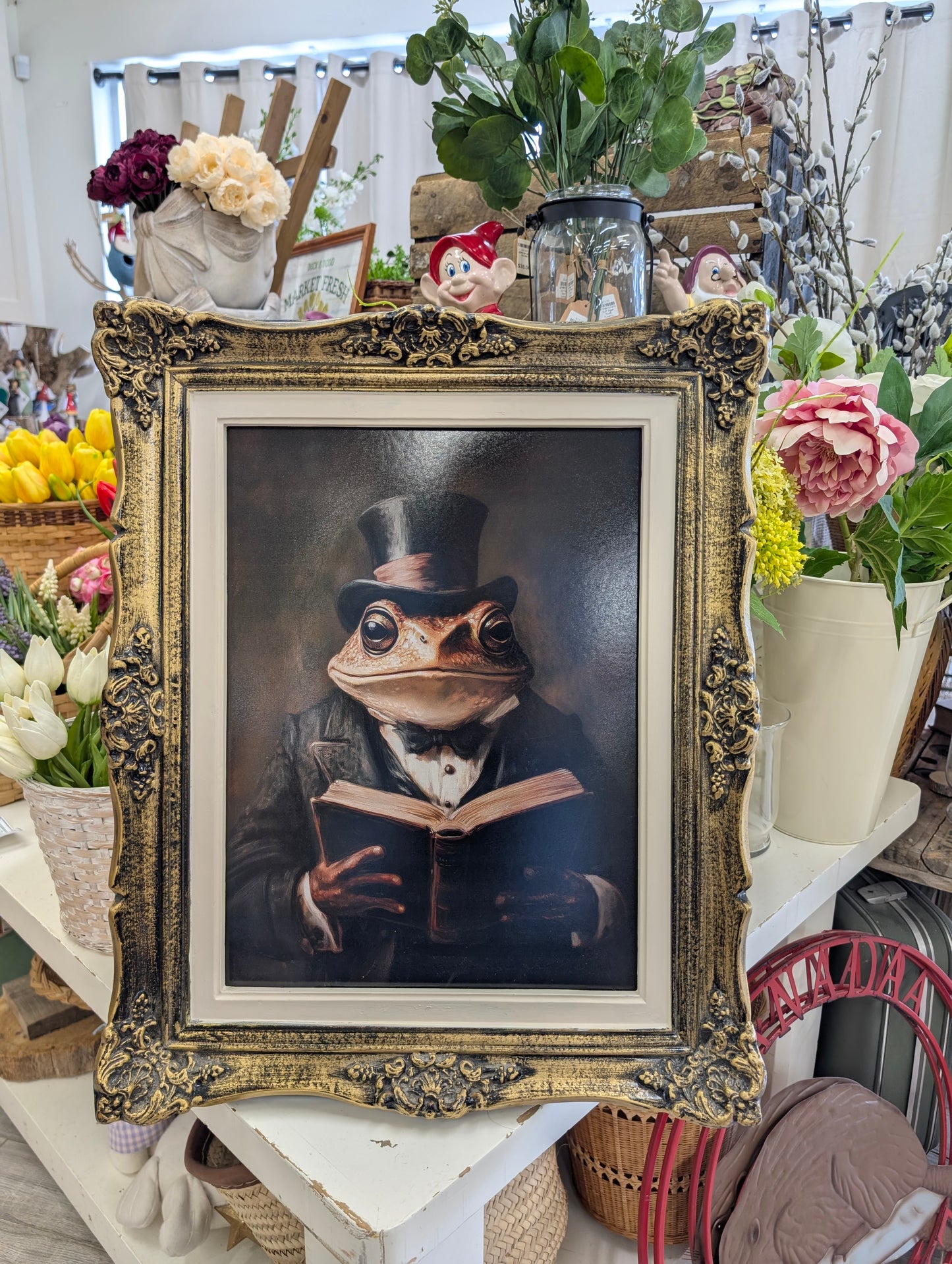 Dapper reading frog framed print