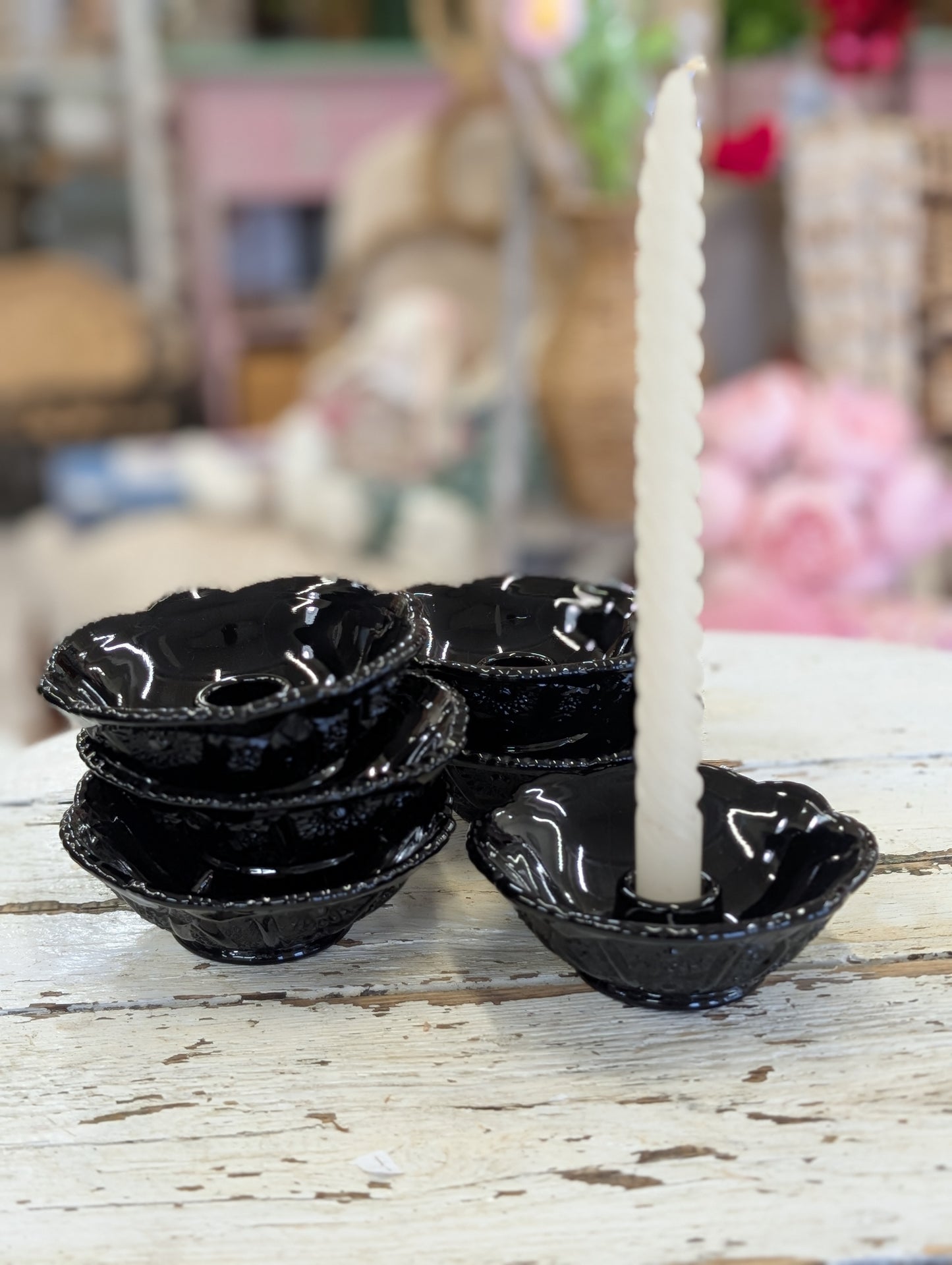 vintage Indiana Glass Tiara Paneled black glass candle holder