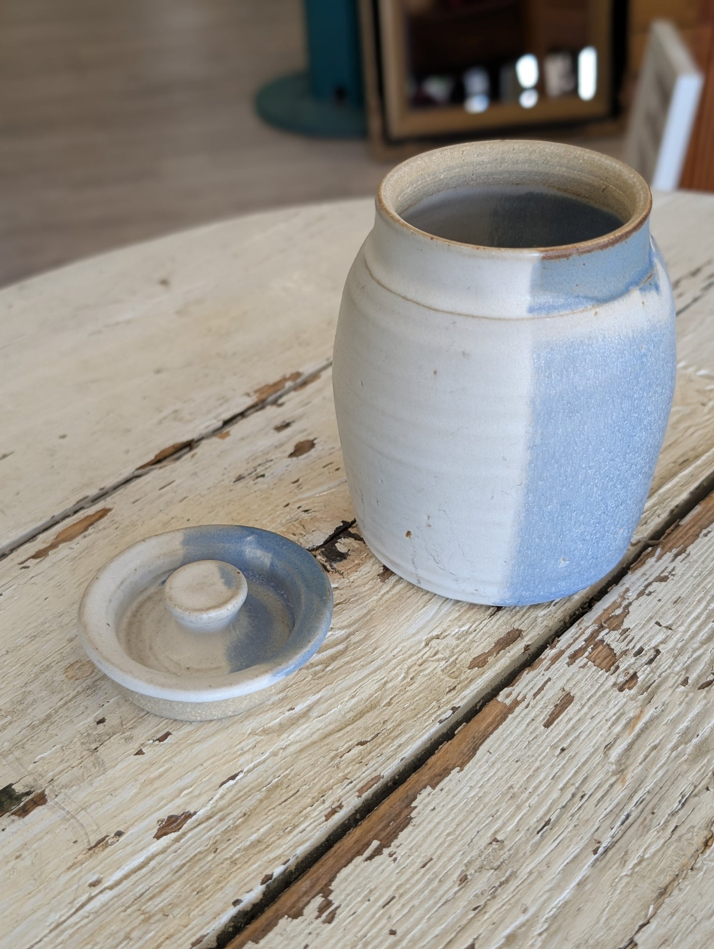 Small blue pottery container
