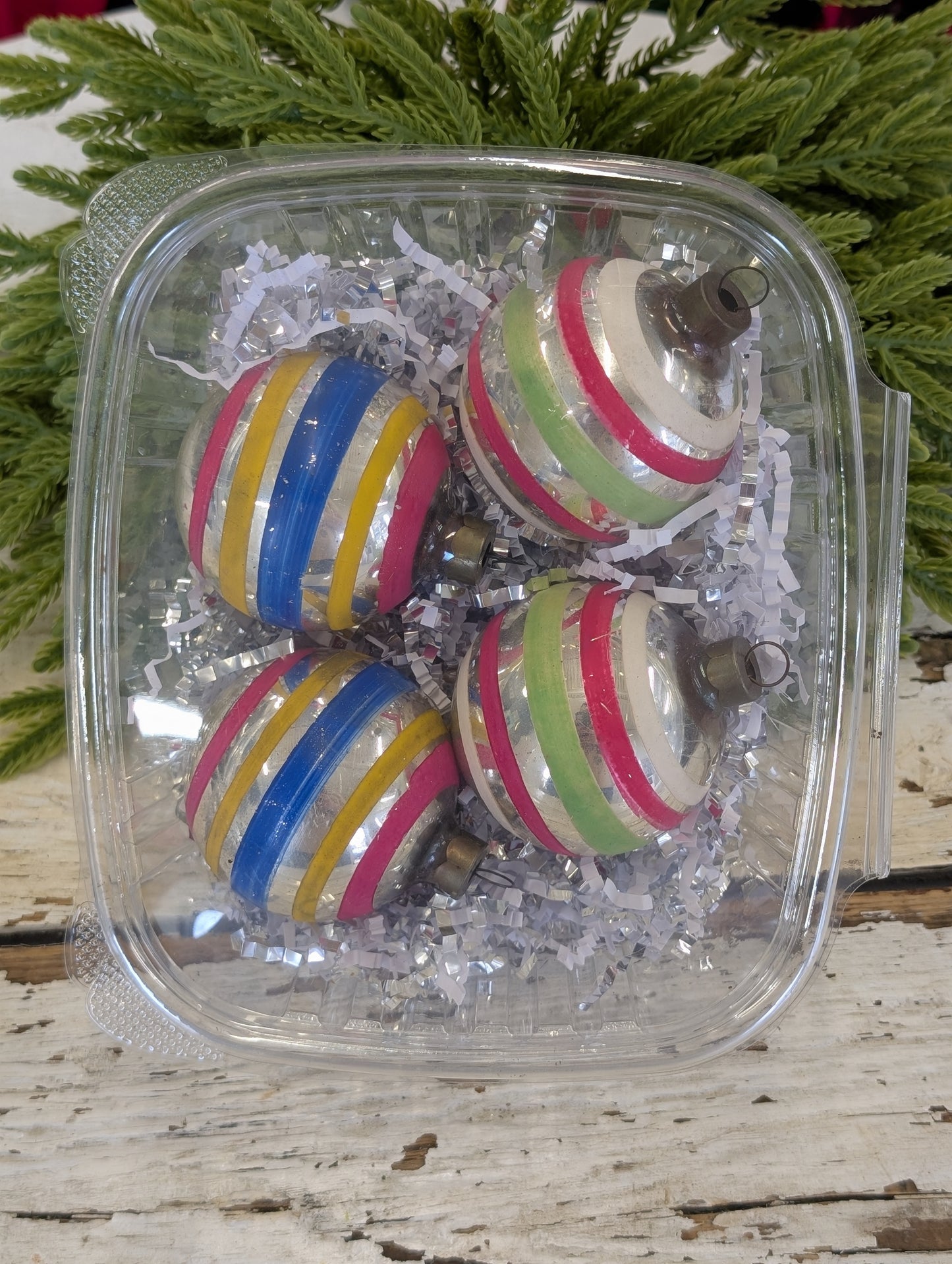 Set of 4 vintage stripped ornaments