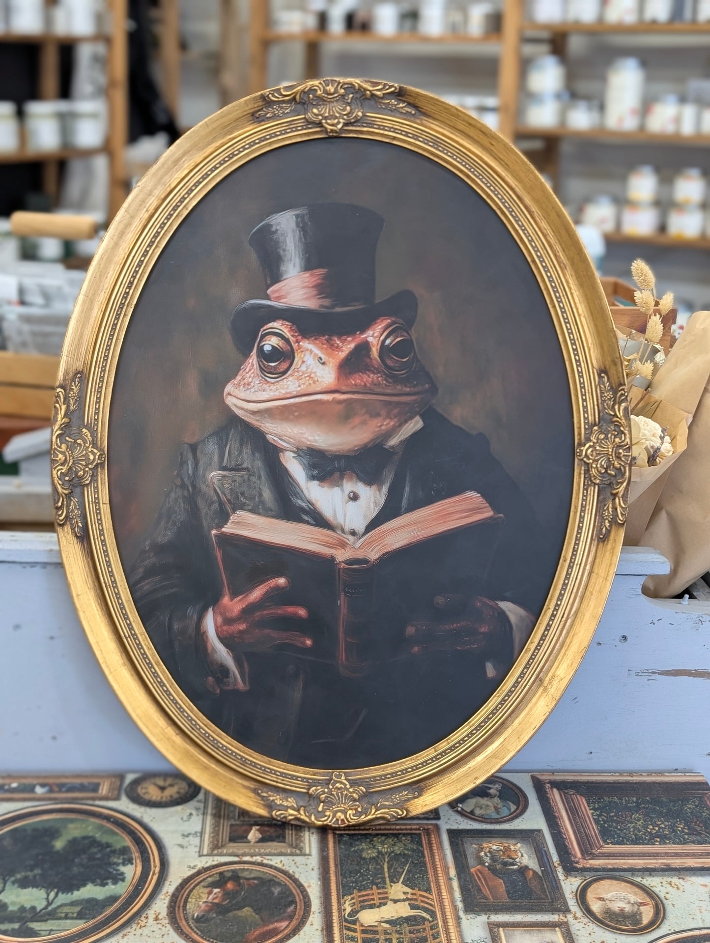 Framed reading toad print