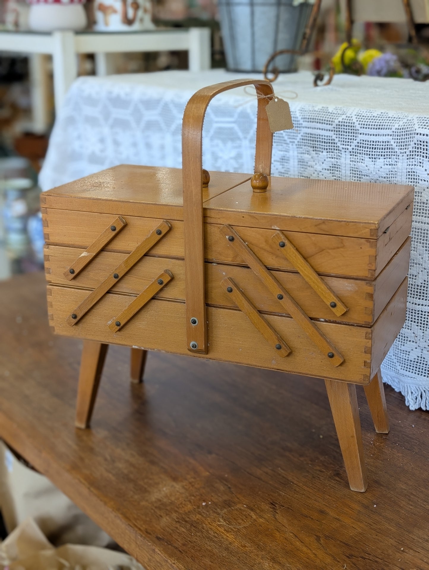 Wooden sewing box with contents