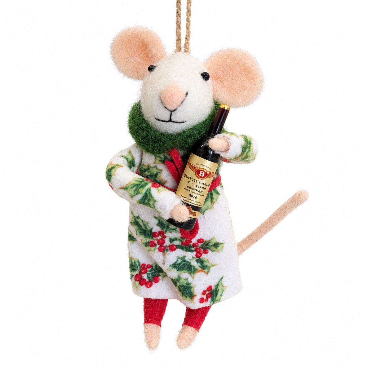 Felt mouse ornament in holiday print clothes holding a wine bottle