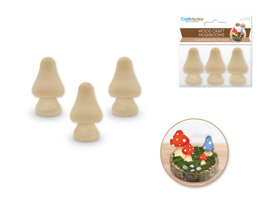 Wood Craft: 2"x1.2" Mini Gnome Mushroom 3pc