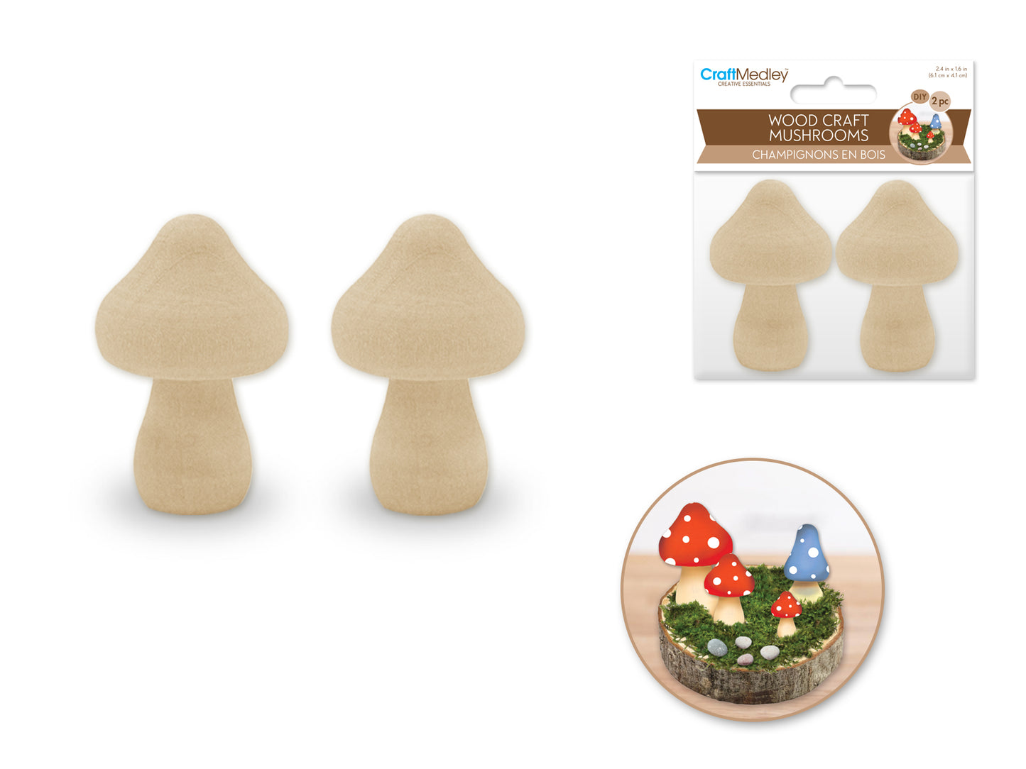 Wood Craft: 2.4"x1.6" Mini Mushroom 2pc