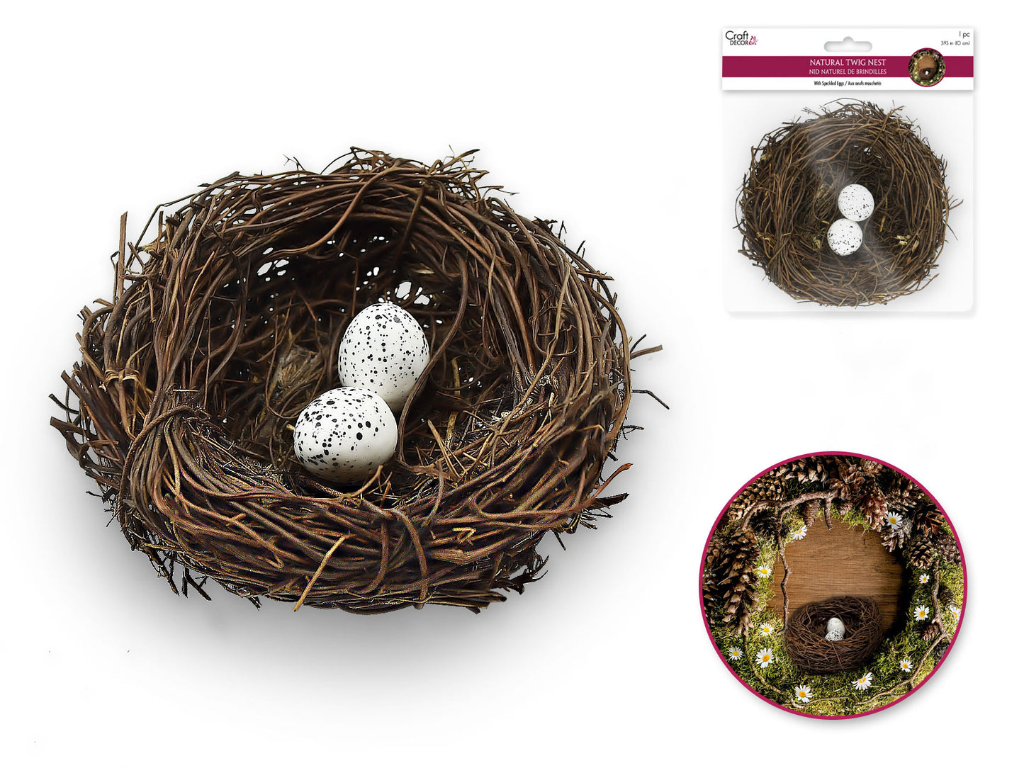 10cm Natural Twig Nest w/2 Speckled Eggs