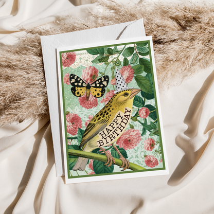 Birthday Card. Yellow Bird With Butterfly