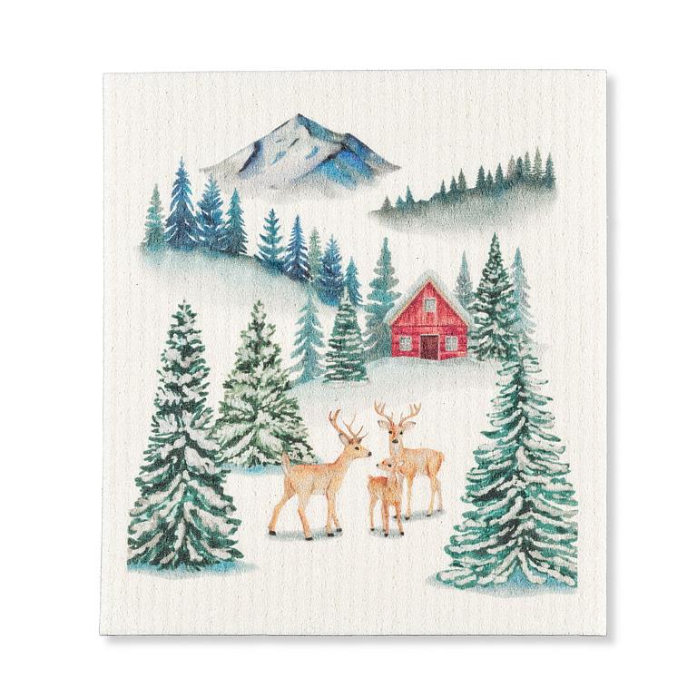 Winter Forest with Cabin Dishcloth