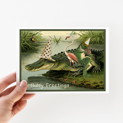Greeting Card. Birthday Greetings Vintage Crocodile...