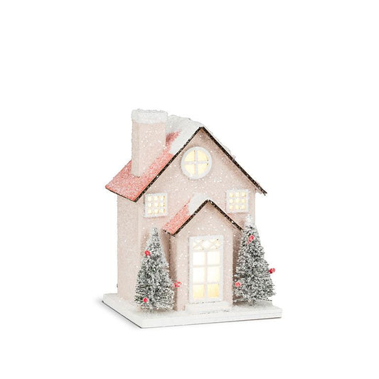 Small Snowy Pink Glitter House w/LED lights