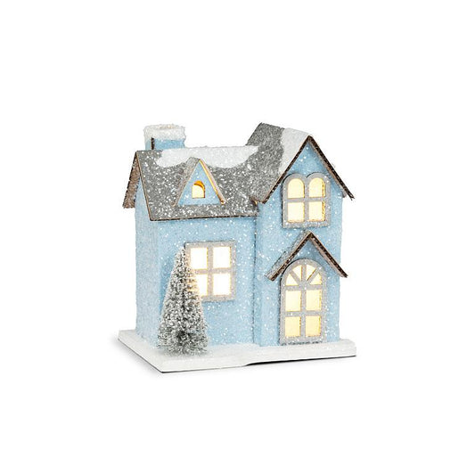 Small Snowy Blue Glitter House w/LED lights