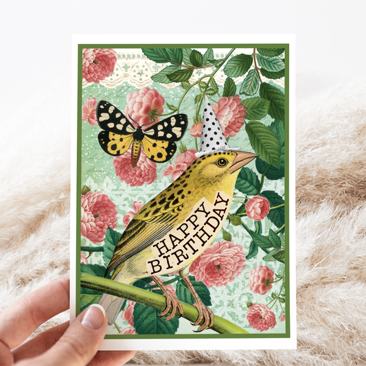 Birthday Card. Yellow Bird With Butterfly