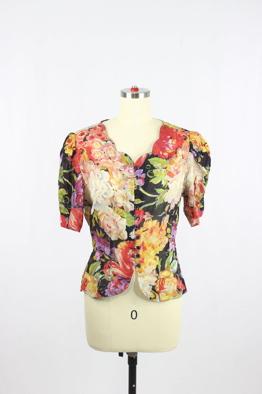 Vintage 70's Floral Blouse, Size S - 1