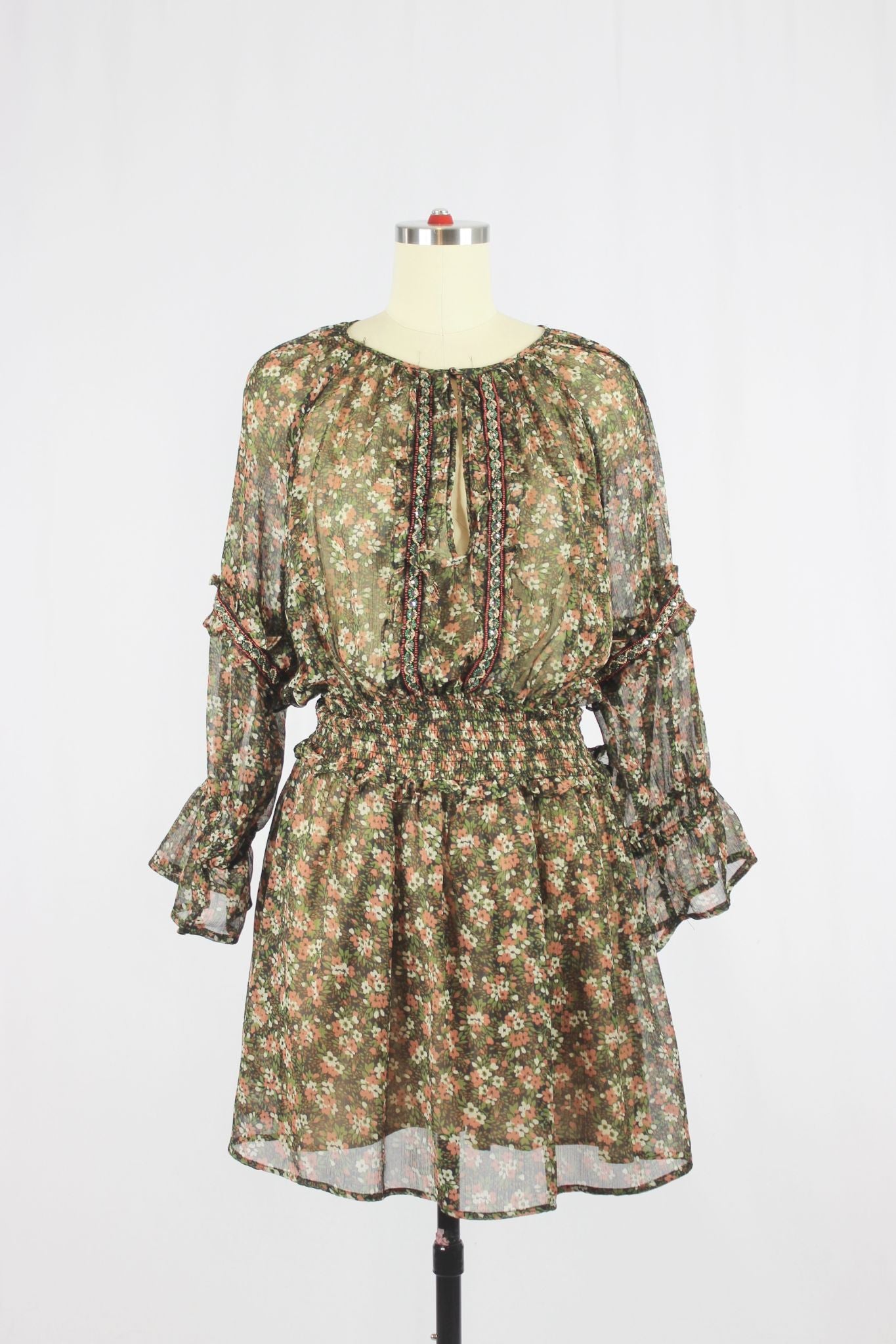 ZARA Floral Peasant Mini Dress, Size M - 1