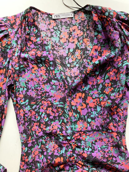 ZARA Purple Floral Mini Dress, Size XS - 4