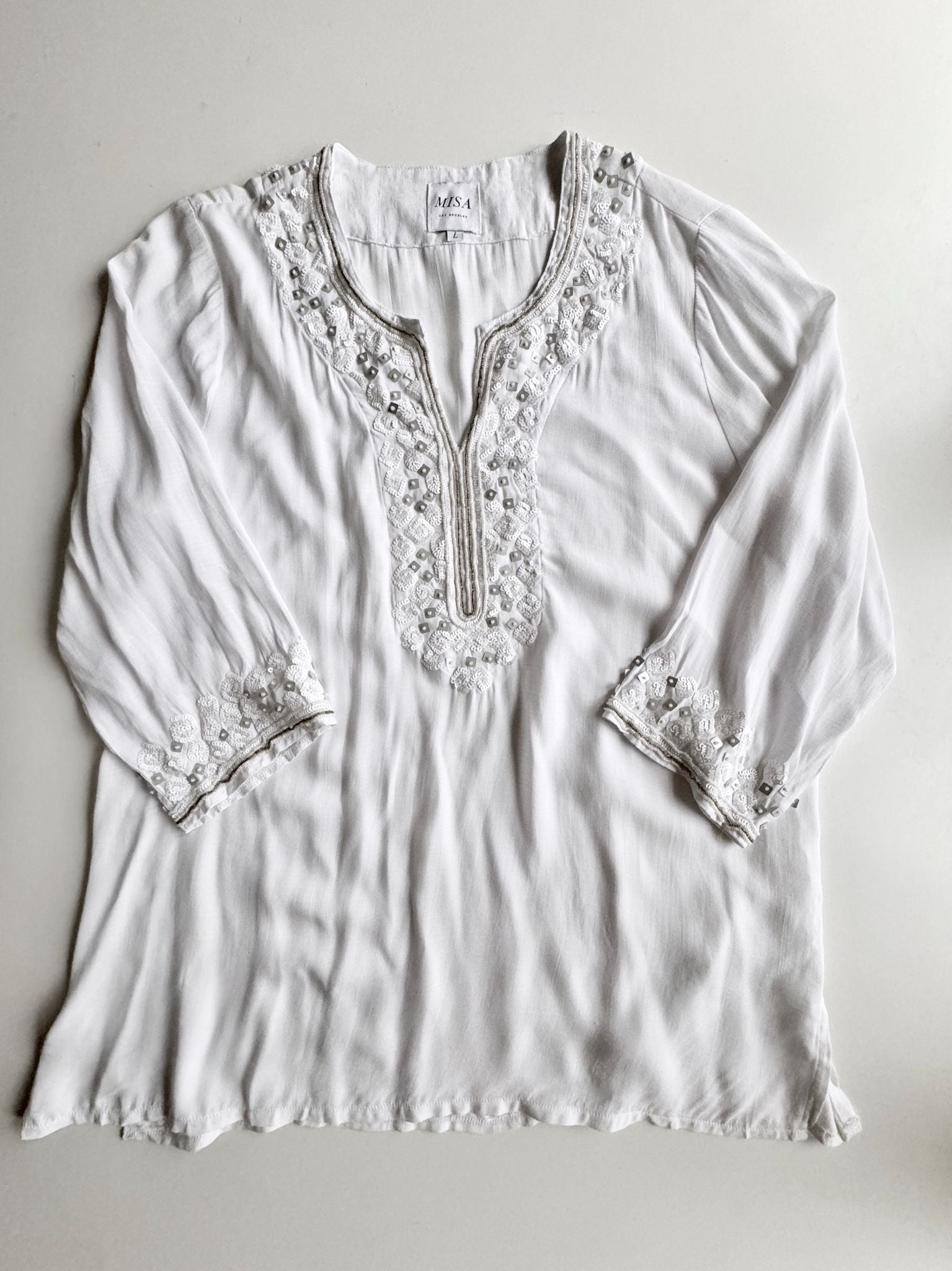 MISA White Embellished Tunic, Size L - 4