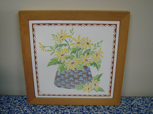 Ceramic tile trivet - wicker basket floral  - 1