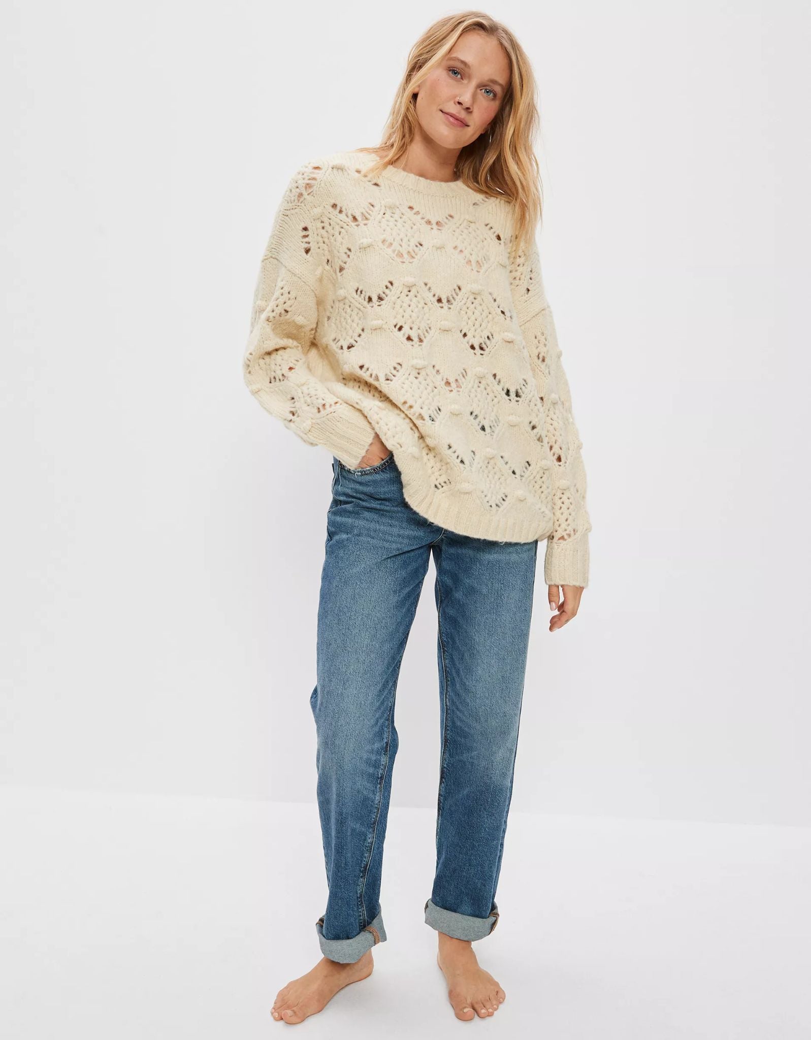 AMERICAN EAGLE Cream Wool Blend Pointelle Sweater, Size L - 7