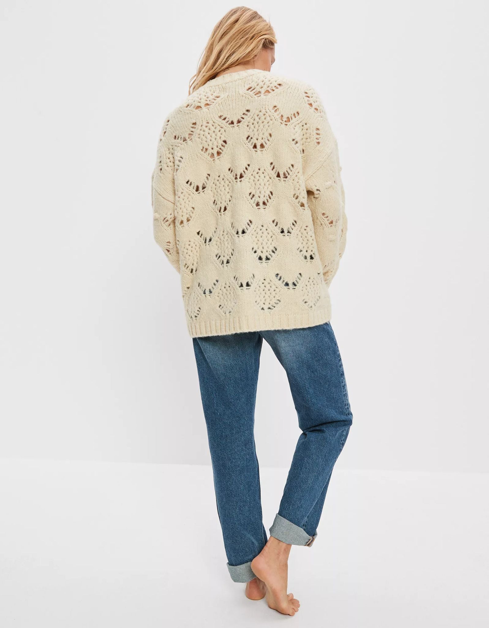 AMERICAN EAGLE Cream Wool Blend Pointelle Sweater, Size L - 9