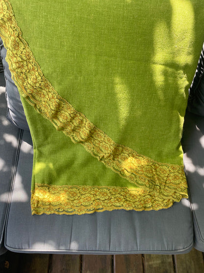 Vintage Avocado Green Tablecloth with Lace Trim - 1