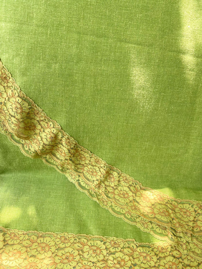 Vintage Avocado Green Tablecloth with Lace Trim - 2