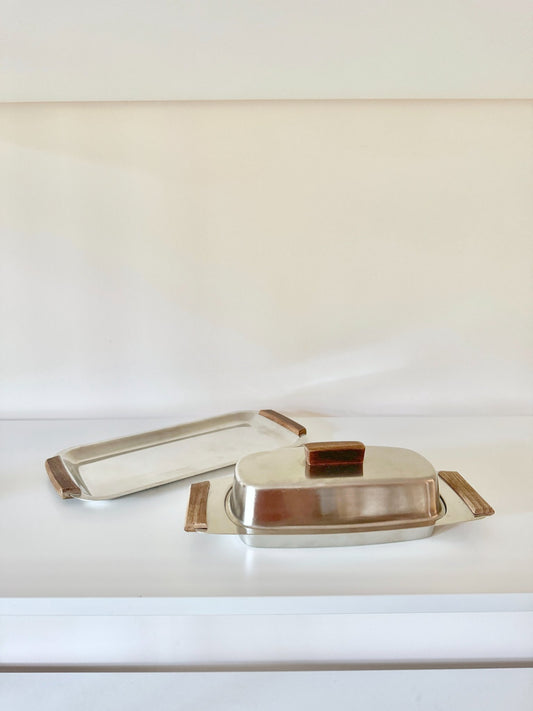 Vintage Danish MCM Stainless Steel & Wood Butter Dish & Tray Set - 1