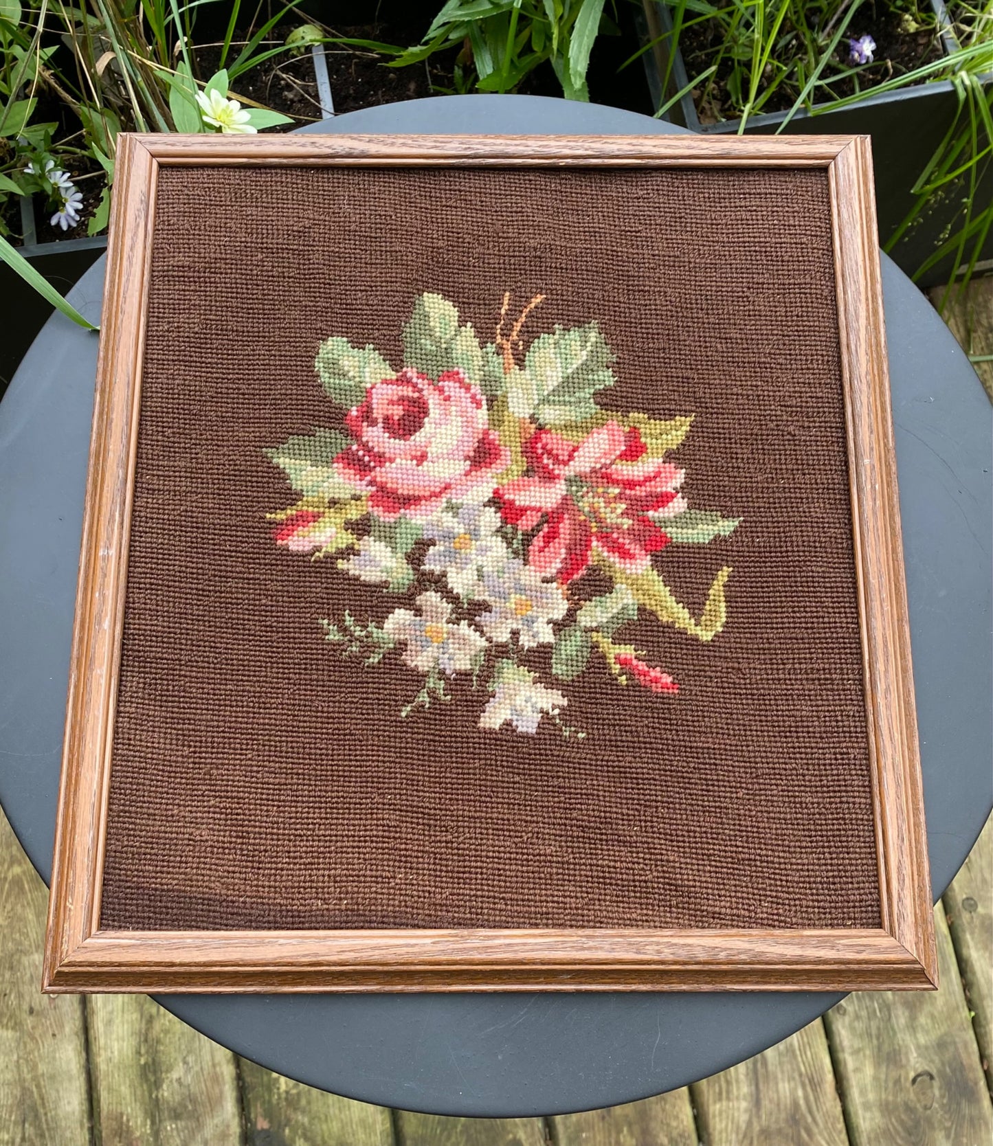 Framed Roses Bouquet Needlepoint - 1