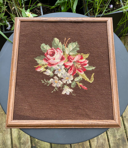 Framed Roses Bouquet Needlepoint - 1