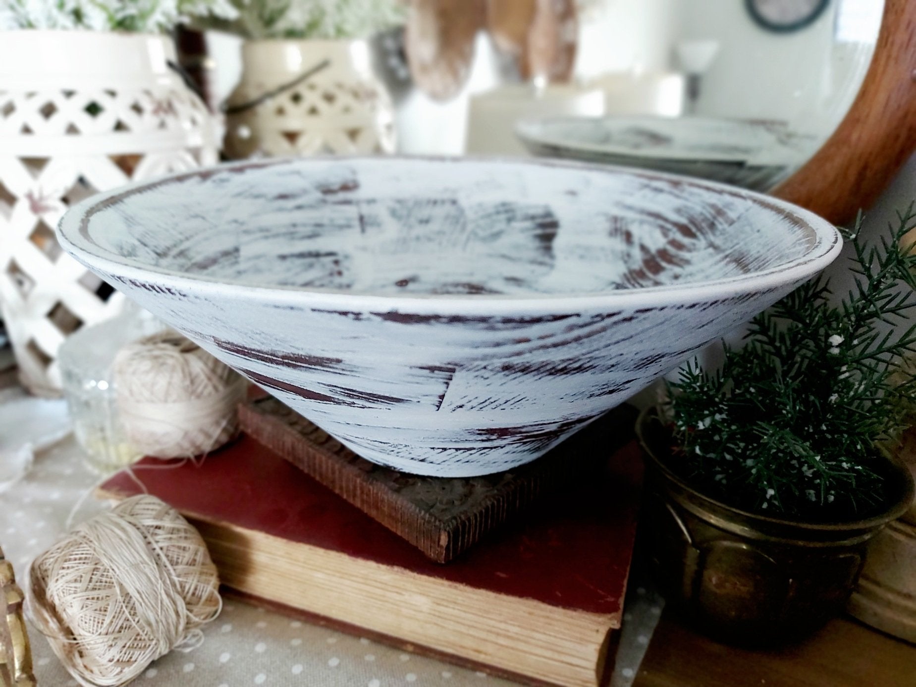 White Distressed Wooden bowl - 2