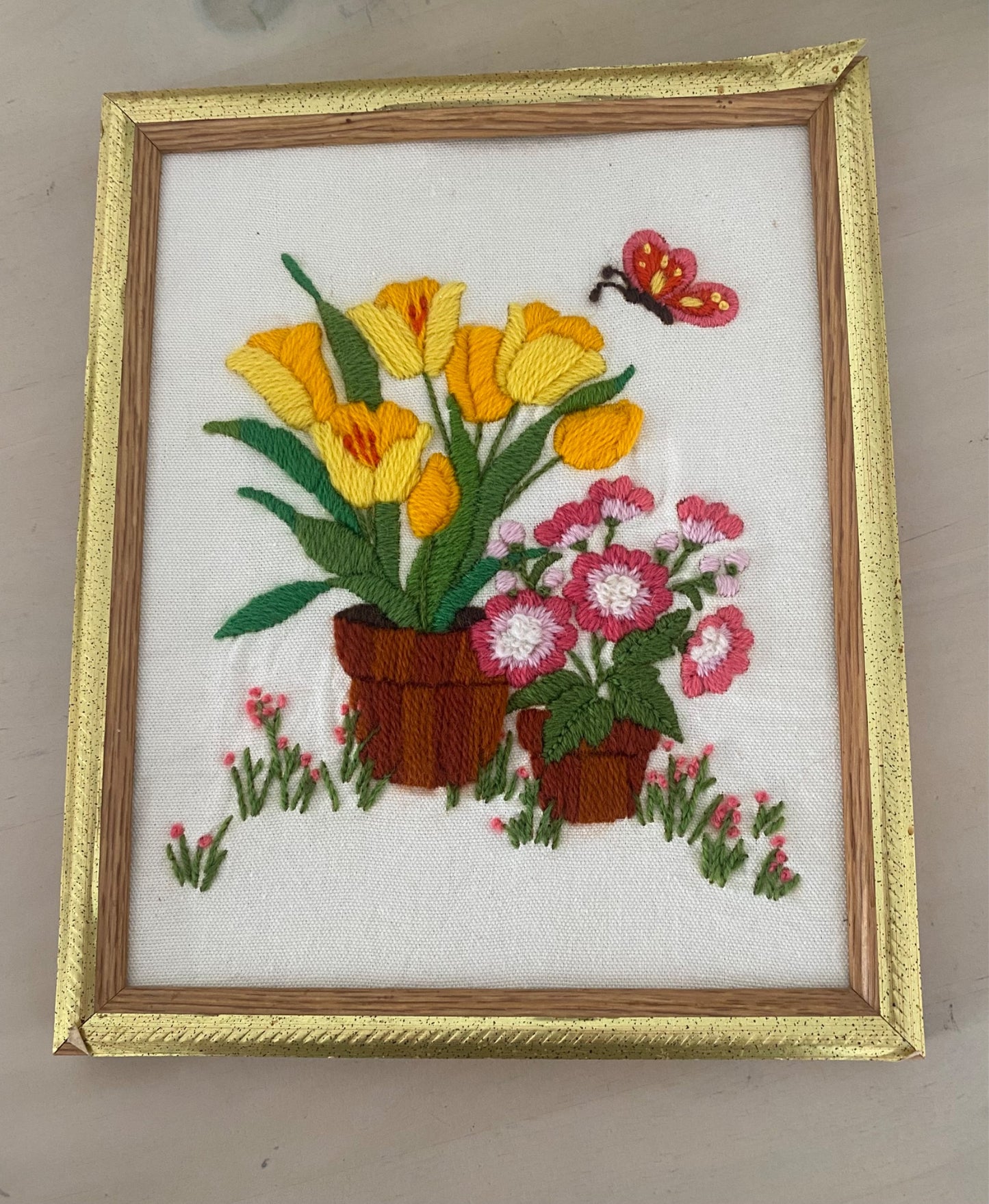 Vintage cross stitch yellow tulips - 1