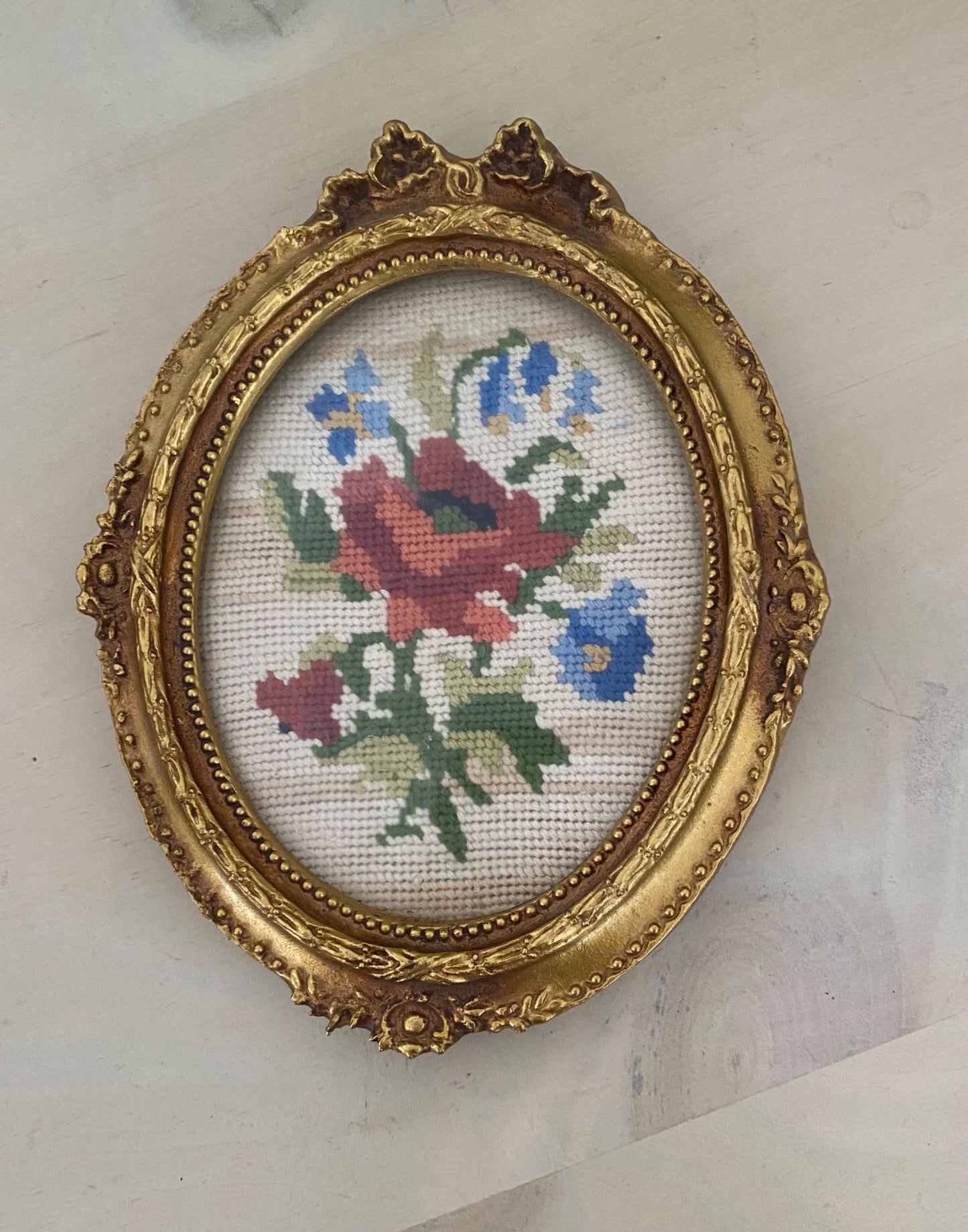 Antique Floral Needlepoint in Gold Frame - 1