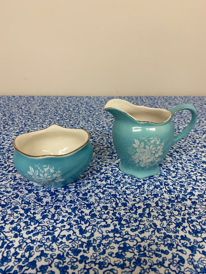 vintage blue and white floral cream and sugar set - 1