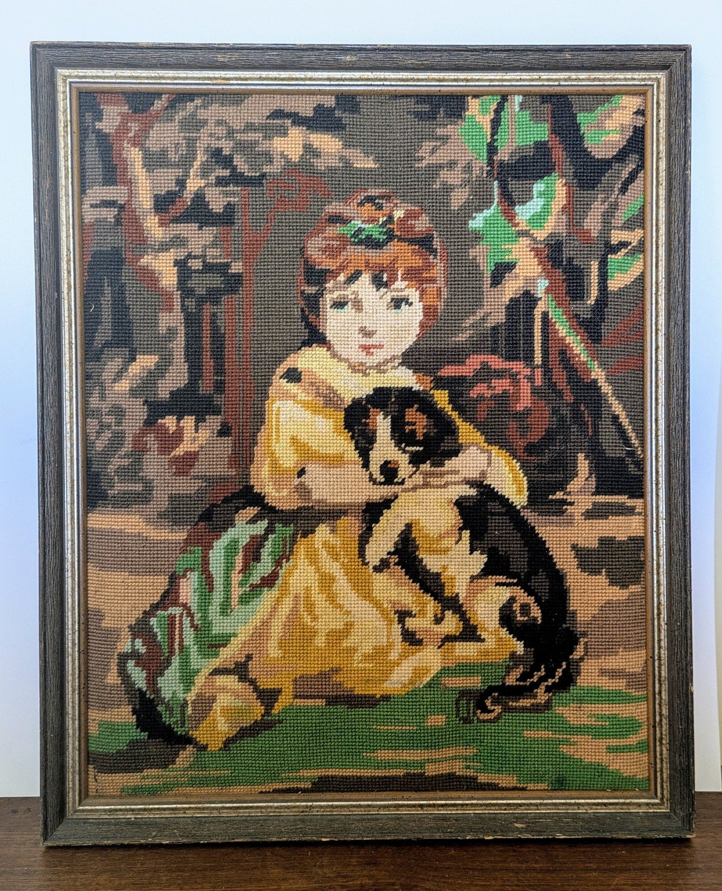 Vintage Needlepoint w/ Girl and Dog - 1