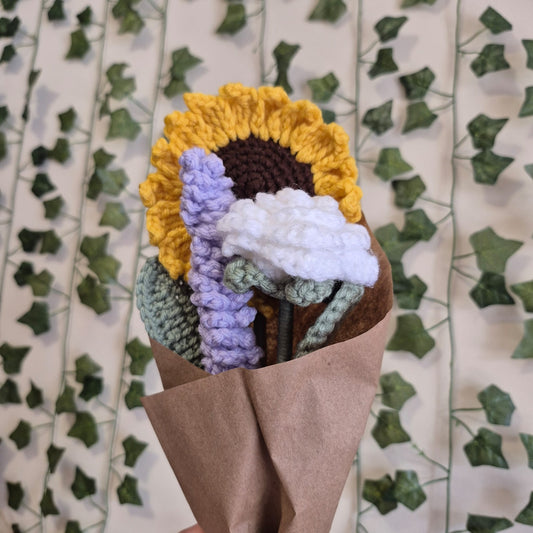 Crochet Sunflower, Lavendar and White Rose Bouquet